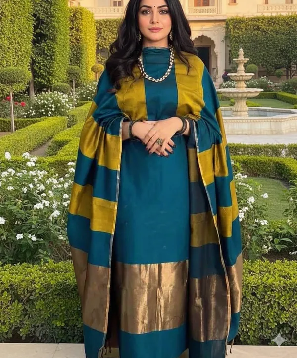 Exclusive_Banarasi_Unstitched_Salwar_kameez_with_Dupatta🦋*___*BANARASI_SUIT*cotton_suit__*TOP-_cotton_with_zari_stripe___*DUPATTA-_cotton_with_zari_patta_cotton__*BOTTOM-*_cotton_plain__*2.50_meter_each*