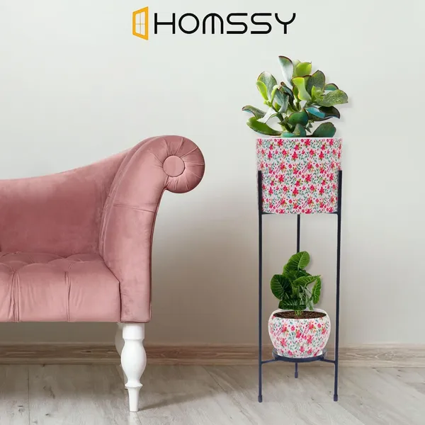 White_&_Pink_Iron_Two_Pot_Set_With_Stand_Stylish_And_Durable_Planter_Stand_|_For_Indoor_And_Outdoor_Use