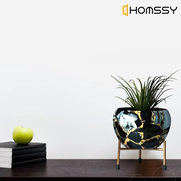 Black_&_Gold_Printed_Metal_Planter_With_Tripod_Metal_Stand_Marble_Rust_Free_Designer_Metallic_Pots_With_Stand_|_For_Living_Room_(Plants_Not_Included)