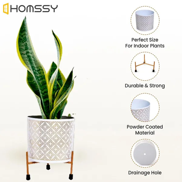 White_&_Gold_Metal_Pot_With_Stand_(6.5_Inch)_Elegant_And_Durable_Indoor/Outdoor_Planter_|_For_Home_And_Garden_Decor