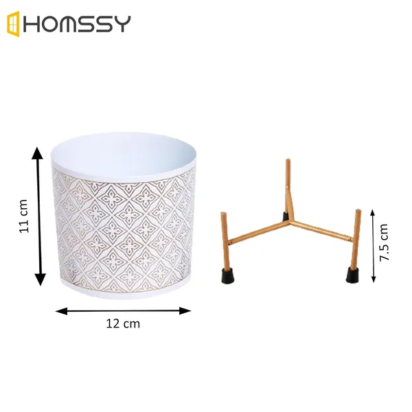 White_&_Gold_Metal_Pot_With_Stand_(6.5_Inch)_Elegant_And_Durable_Indoor/Outdoor_Planter_|_For_Home_And_Garden_Decor