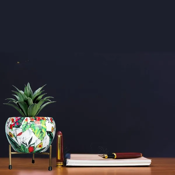 Green_Leaf_Printed_Metal_Planter_With_Tripod_Metal_Stand_Green_Leaf_Rust_Free_Designer_Metallic_Pots_With_Stand_Metal_Plant_Pots_|_For_Living_Room_(Plants_Not_Included)