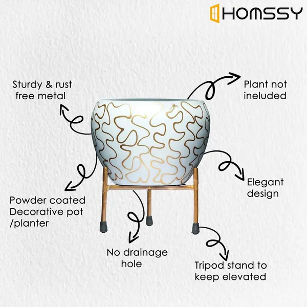 White_&_Gold_Printed_Metal_Planter_With_Tripod_Metal_Stand_Rust_Free_Designer_Metallic_Pots_With_Stand_|_For_Living_Room_(Plants_Not_Included)