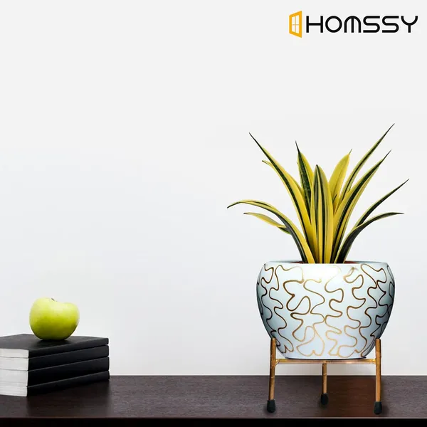White_&_Gold_Printed_Metal_Planter_With_Tripod_Metal_Stand_Rust_Free_Designer_Metallic_Pots_With_Stand_|_For_Living_Room_(Plants_Not_Included)