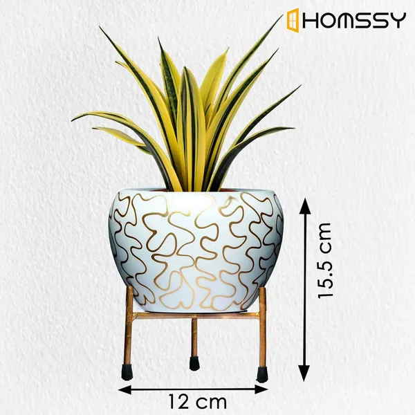 White_&_Gold_Printed_Metal_Planter_With_Tripod_Metal_Stand_Rust_Free_Designer_Metallic_Pots_With_Stand_|_For_Living_Room_(Plants_Not_Included)