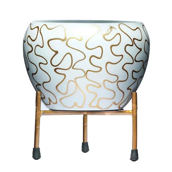 White_&_Gold_Printed_Metal_Planter_With_Tripod_Metal_Stand_Rust_Free_Designer_Metallic_Pots_With_Stand_|_For_Living_Room_(Plants_Not_Included)