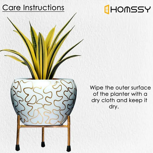 White_&_Gold_Printed_Metal_Planter_With_Tripod_Metal_Stand_Rust_Free_Designer_Metallic_Pots_With_Stand_|_For_Living_Room_(Plants_Not_Included)