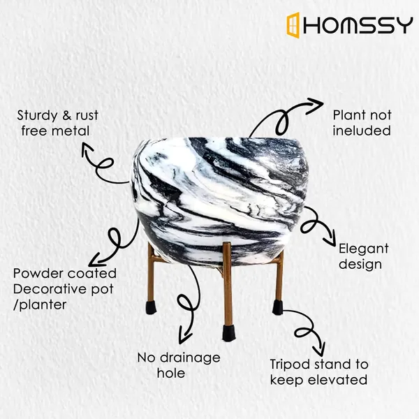 Black_&_White_Printed_Metal_Planter_With_Tripod_Metal_Stand_Marble_Print_Rust_Free_Designer_Metallic_Pots_With_Stand_|_For_Living_Room_(Plants_Not_Included)