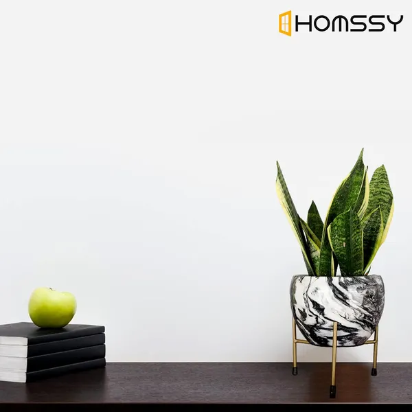 Black_&_White_Printed_Metal_Planter_With_Tripod_Metal_Stand_Marble_Print_Rust_Free_Designer_Metallic_Pots_With_Stand_|_For_Living_Room_(Plants_Not_Included)