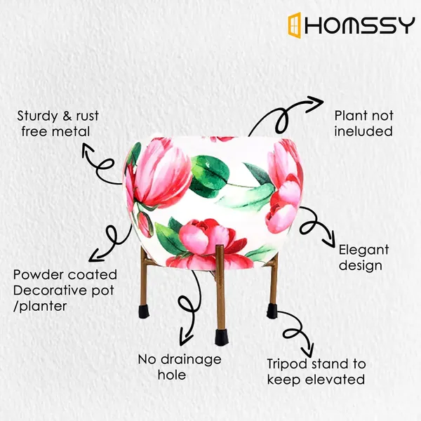 Red_&_White_Floral_Metal_Rustfree_Designer_Planter_With_Tripod_Stand_|_For_Living_Room_Decor(Plants_Not_Included)
