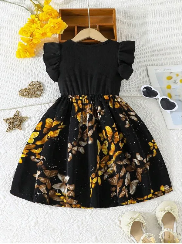 Black_Baby_Girl_Ruffled_Sleeve_Bow_Tie_Floral_Print_Casual_Dress