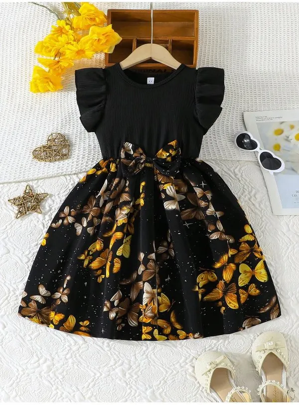 Black_Baby_Girl_Ruffled_Sleeve_Bow_Tie_Floral_Print_Casual_Dress