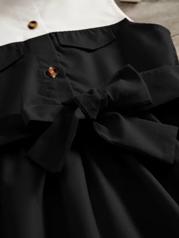 Black_And_White_Sleeveless_Shirt_Dress_With_Bow_Belt_For_Girls