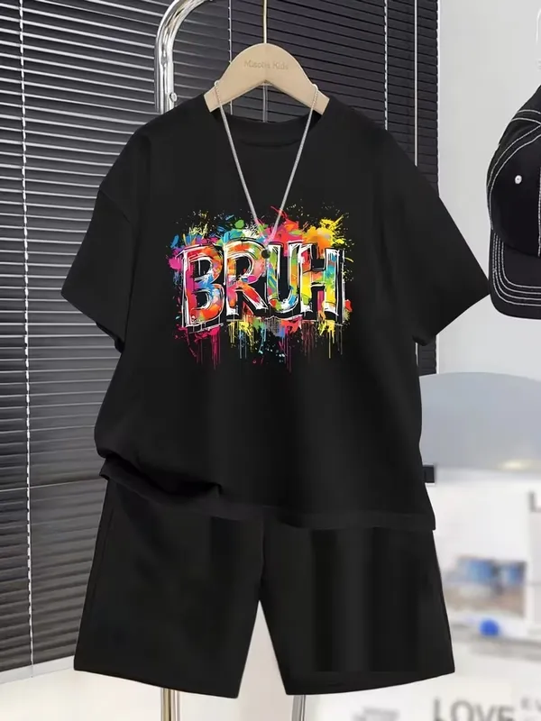Boys_BRUH_Graphic_Print_T-Shirt_with_Solid_Shorts_Co-ord_Set