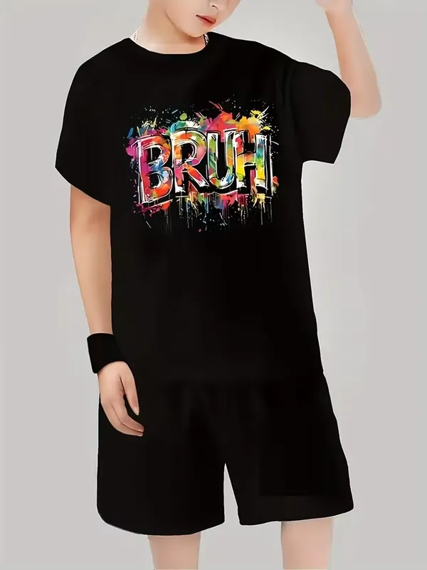 Boys_BRUH_Graphic_Print_T-Shirt_with_Solid_Shorts_Co-ord_Set