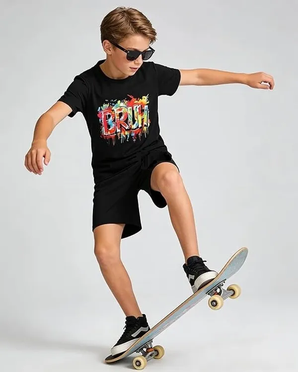 Boys_BRUH_Graphic_Print_T-Shirt_with_Solid_Shorts_Co-ord_Set