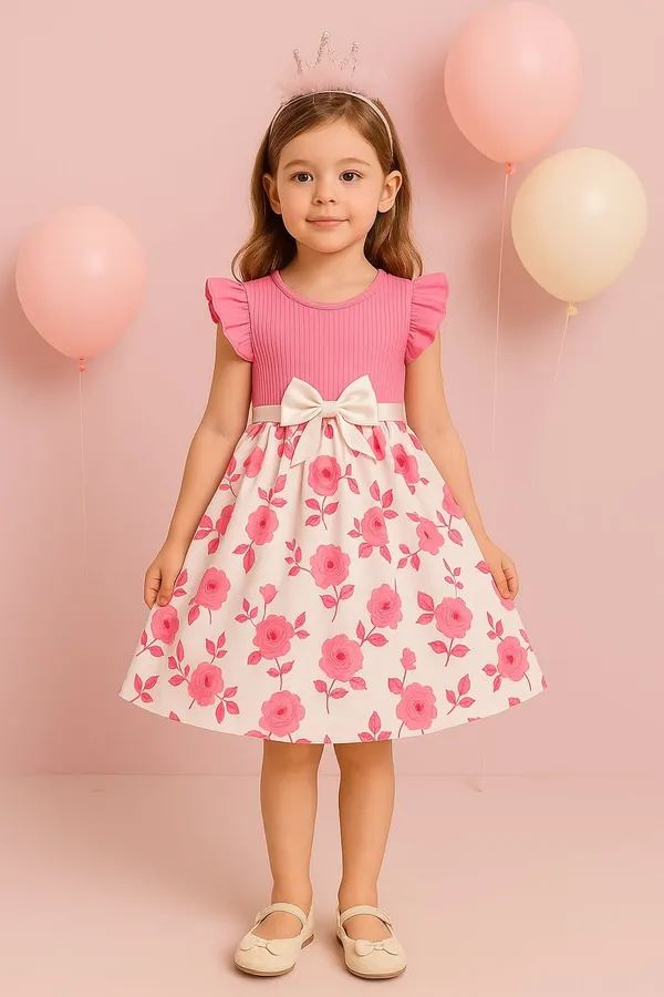 Light_Pink_Baby_Girl_Ruffled_Sleeve_Bow_Tie_Floral_Print_Casual_Dress
