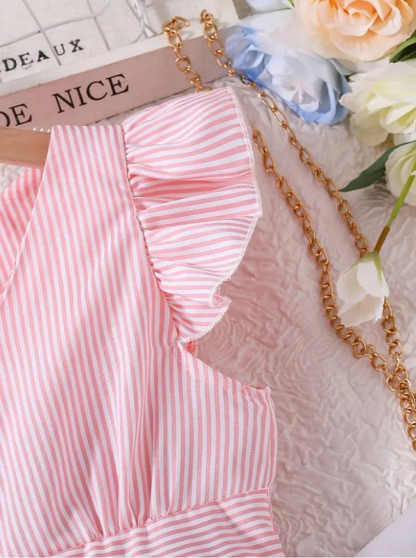 Chic_Pink_Striped_Button-Down_Summer_Dress_With_Ruffle_Sleeves