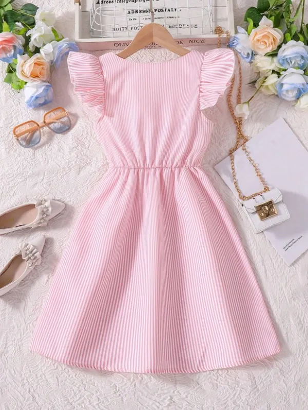Chic_Pink_Striped_Button-Down_Summer_Dress_With_Ruffle_Sleeves
