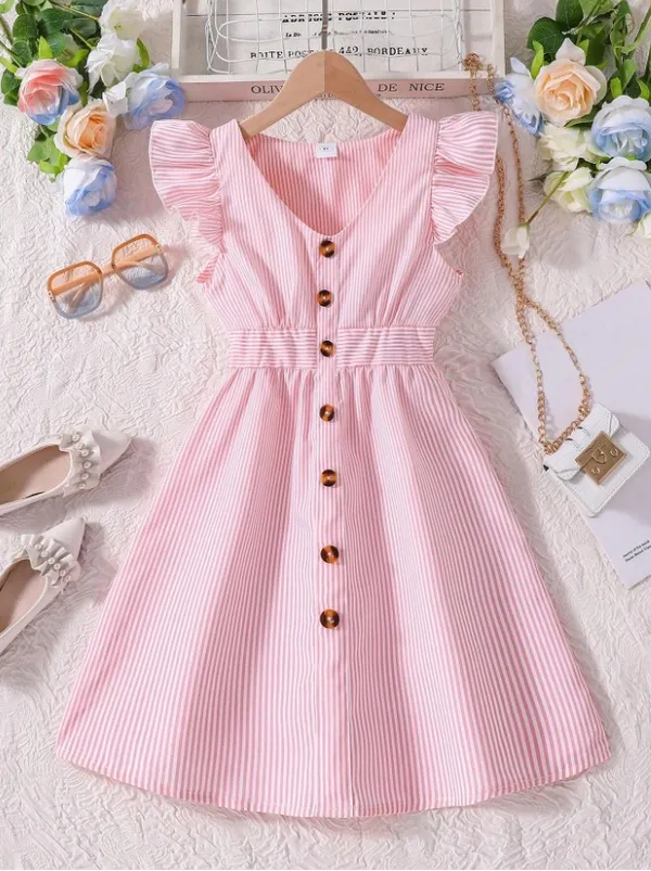 Chic_Pink_Striped_Button-Down_Summer_Dress_With_Ruffle_Sleeves