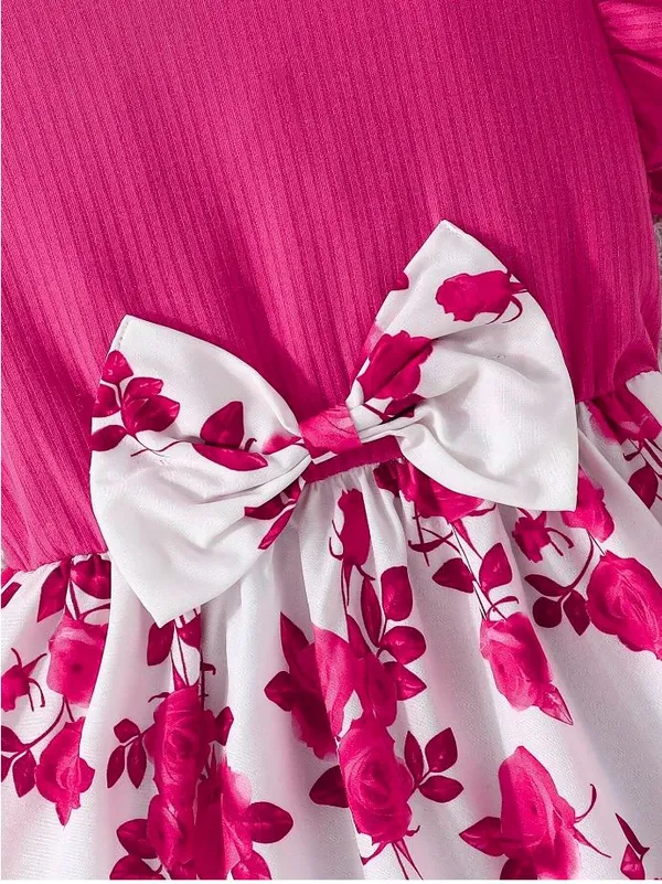 Dark_Pink_Ruffled_Sleeve_Bow_Tie_Floral_Print_Casual_Dress_For_Girls