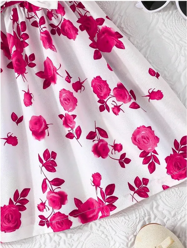 Dark_Pink_Ruffled_Sleeve_Bow_Tie_Floral_Print_Casual_Dress_For_Girls