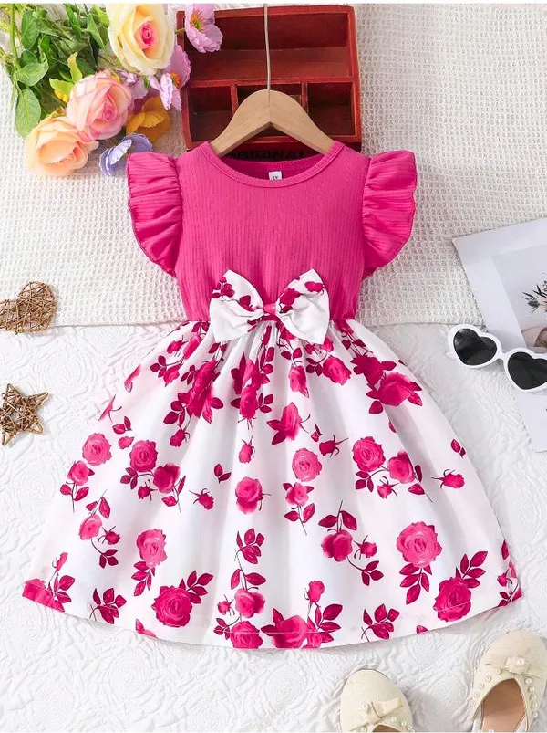 Dark_Pink_Ruffled_Sleeve_Bow_Tie_Floral_Print_Casual_Dress_For_Girls