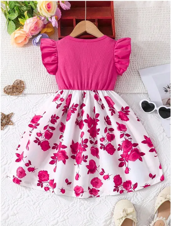 Dark_Pink_Ruffled_Sleeve_Bow_Tie_Floral_Print_Casual_Dress_For_Girls