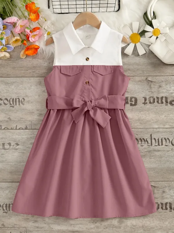 Dusty_Pink'_Sleeveless_And_White_Shirt_Dress_With_Bow_Belt