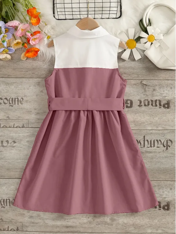 Dusty_Pink'_Sleeveless_And_White_Shirt_Dress_With_Bow_Belt