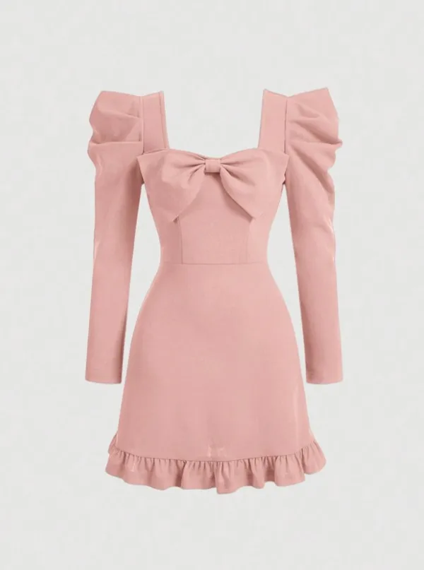 Elegant_Peach_Bow_Dress_For_Girls_-_Long_Sleeve_With_Ruffle_Hem