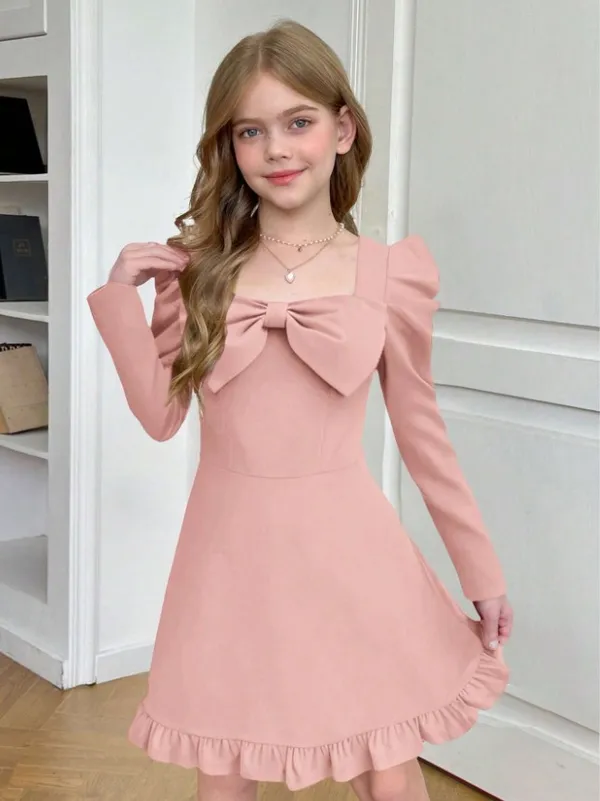Elegant_Peach_Bow_Dress_For_Girls_-_Long_Sleeve_With_Ruffle_Hem