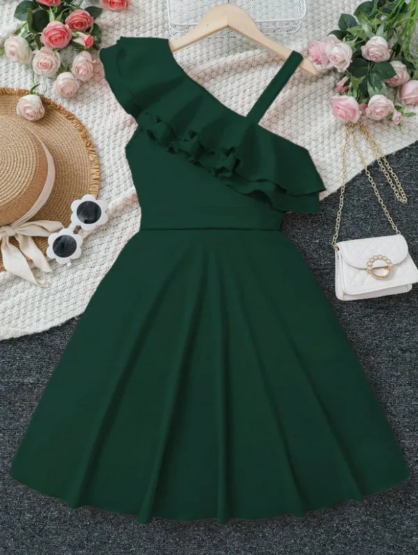 Elegant_Solid_Color_Asymmetrical_Ruffle_Hem_Dress_For_Teen_Girls,Holiday,Summer,Travel