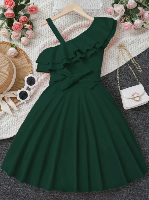 Elegant_Solid_Color_Asymmetrical_Ruffle_Hem_Dress_For_Teen_Girls,Holiday,Summer,Travel