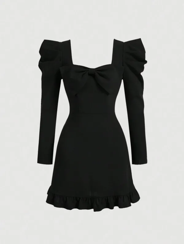 Elegant_Black_Bow_Dress_For_Girls_-_Long_Sleeve_With_Ruffle_Hem