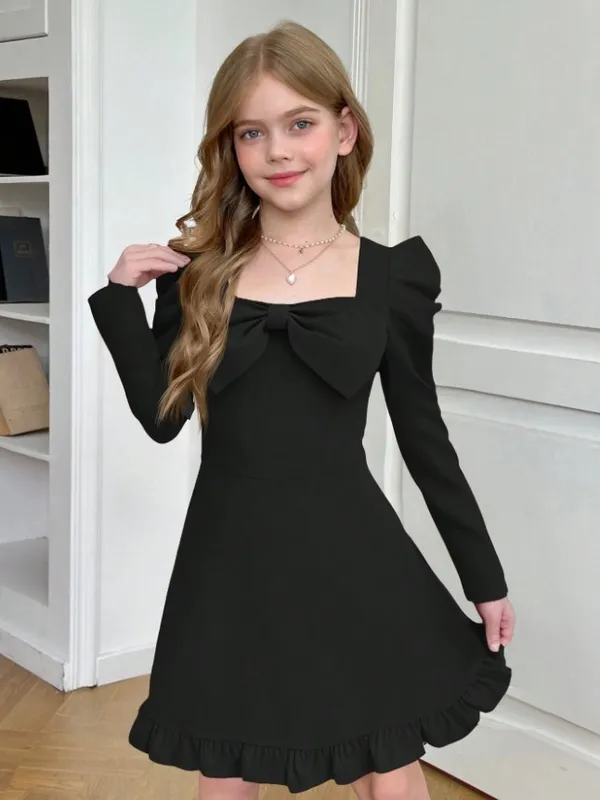 Elegant_Black_Bow_Dress_For_Girls_-_Long_Sleeve_With_Ruffle_Hem