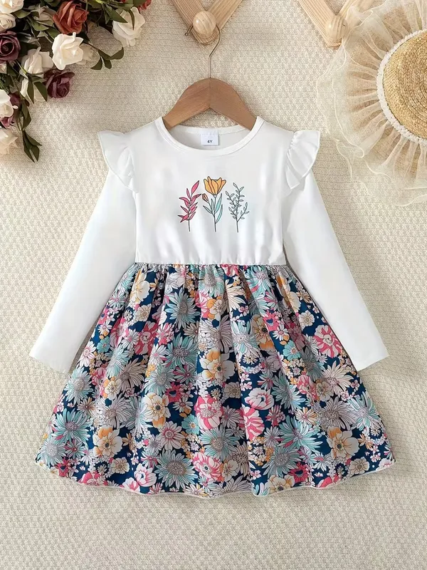 Floral_Garden_Print_Long_Sleeve_Dress_For_Girls