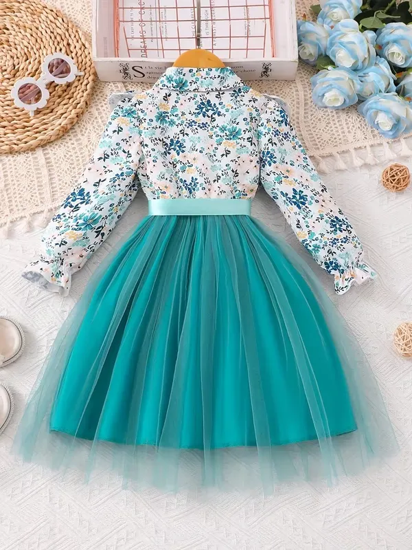 Floral_Print_Shirt_Style_Top_with_Teal_Tulle_Skirt_for_Girls