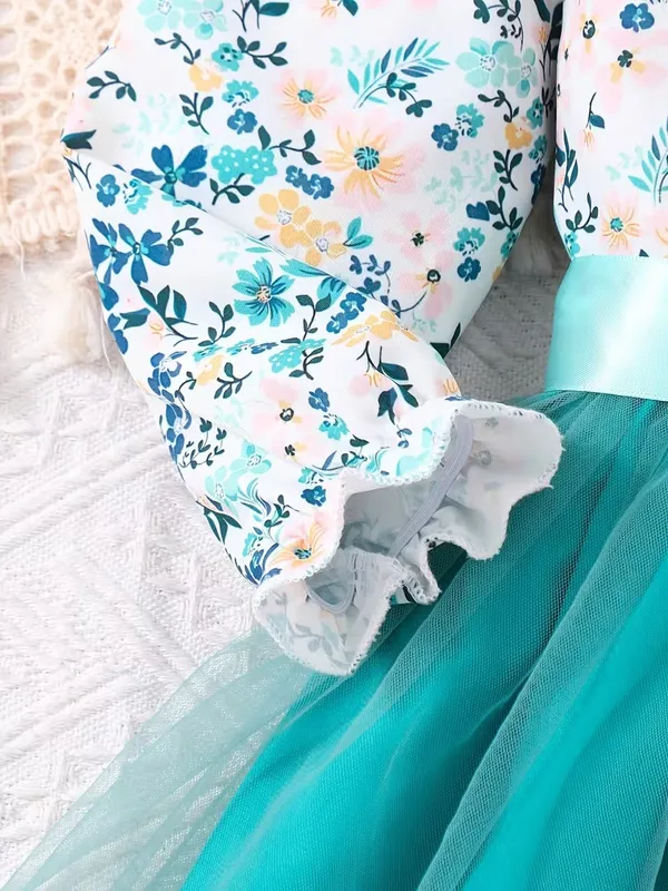 Floral_Print_Shirt_Style_Top_with_Teal_Tulle_Skirt_for_Girls