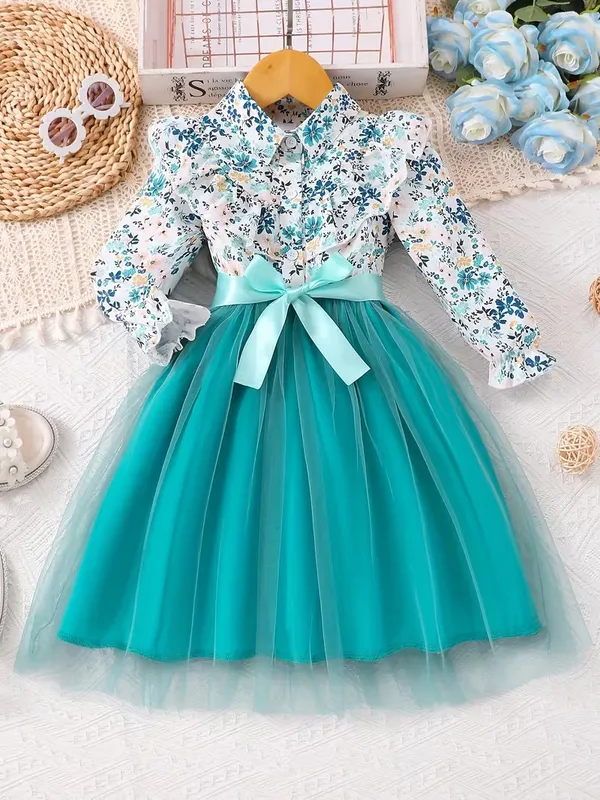 Floral_Print_Shirt_Style_Top_with_Teal_Tulle_Skirt_for_Girls