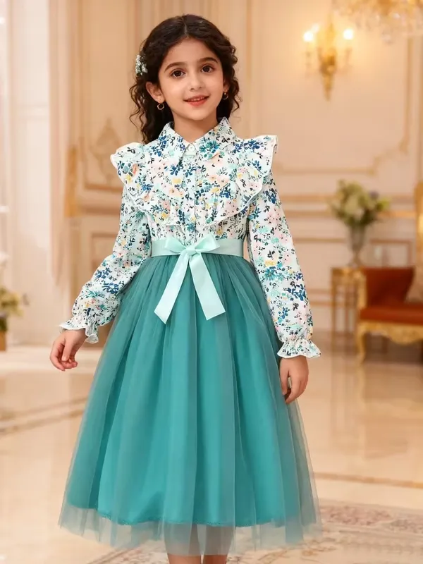 Floral_Print_Shirt_Style_Top_with_Teal_Tulle_Skirt_for_Girls