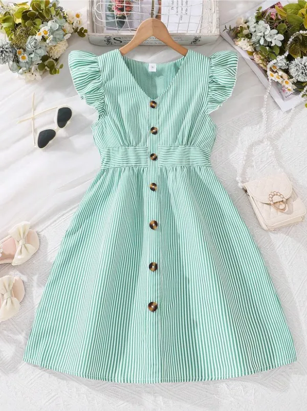 Fresh_Mint_Green_Striped_Button-Down_Dress_With_Ruffle_Cap_Sleeves