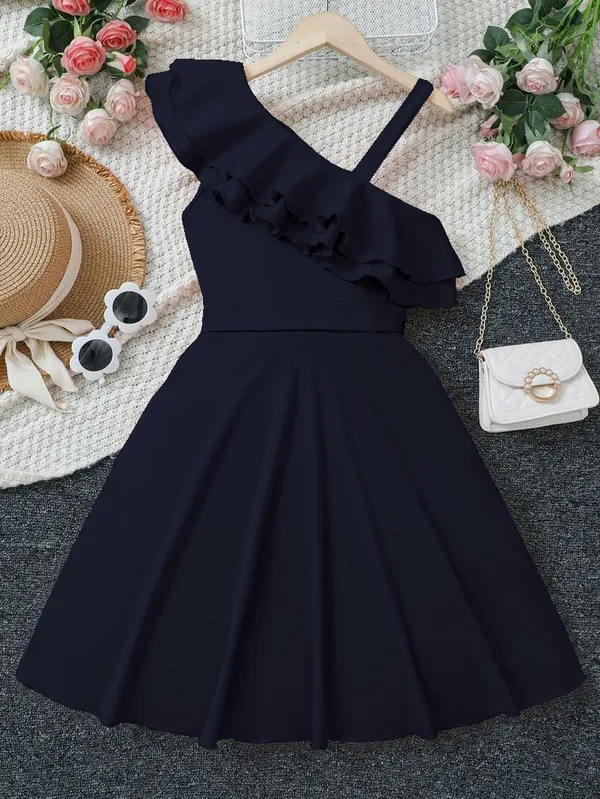 Girl'S_Ruffle_Hem_Asymmetrical_Shoulder_Dress