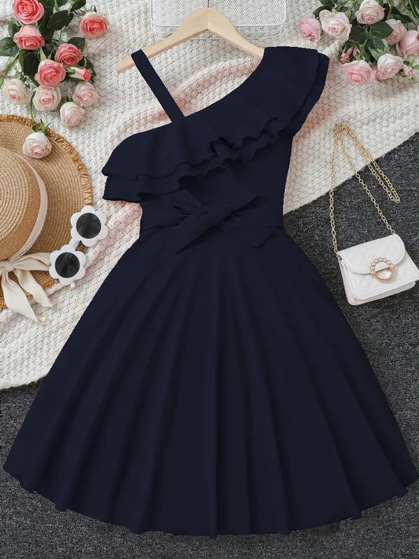 Girl'S_Ruffle_Hem_Asymmetrical_Shoulder_Dress