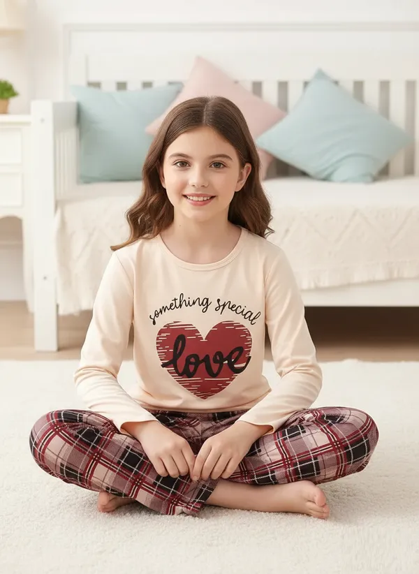 Girls_Beige_Heart_Print_Nightwear_Set_|_Full_Sleeve_Top_&_Check_Pajama_Kids_Night_Suit