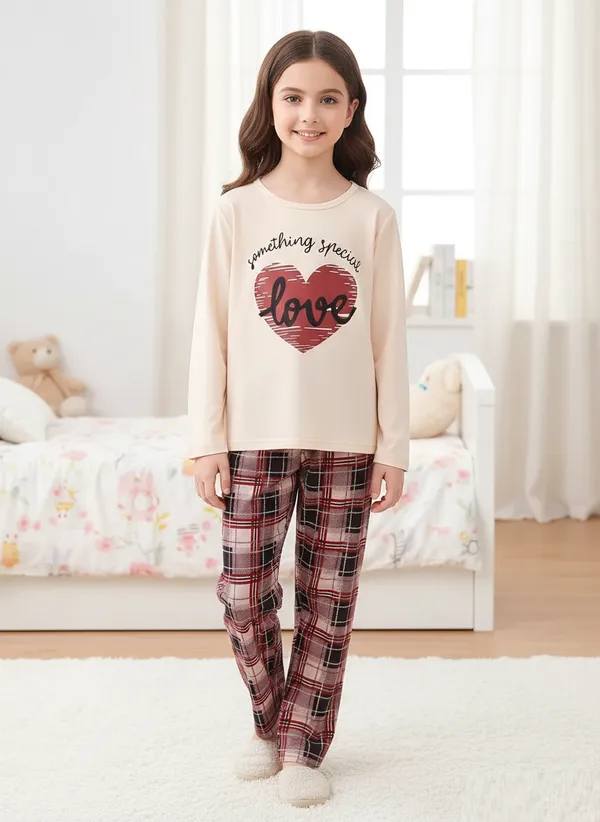Girls_Beige_Heart_Print_Nightwear_Set_|_Full_Sleeve_Top_&_Check_Pajama_Kids_Night_Suit