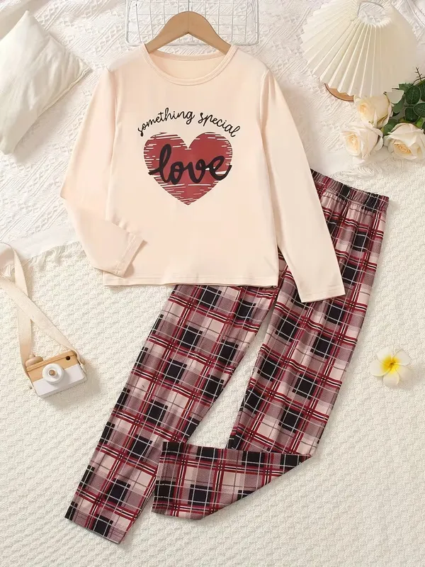 Girls_Beige_Heart_Print_Nightwear_Set_|_Full_Sleeve_Top_&_Check_Pajama_Kids_Night_Suit