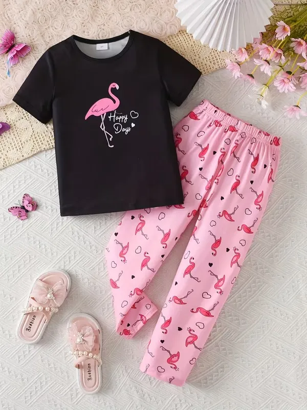 Girls_Black_Flamingo_Print_Nightwear_Set_|_Short_Sleeve_Top_&_Pink_Pajama_Kids_Night_Suit