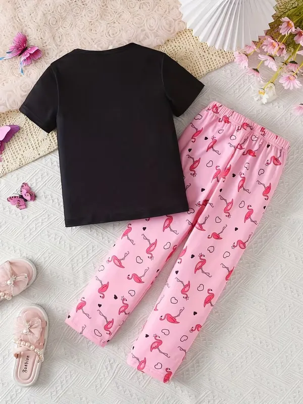 Girls_Black_Flamingo_Print_Nightwear_Set_|_Short_Sleeve_Top_&_Pink_Pajama_Kids_Night_Suit