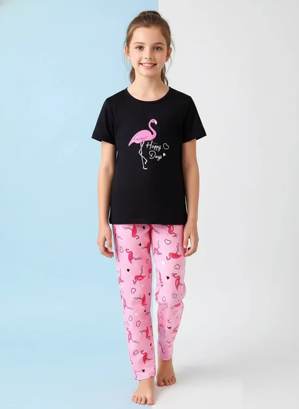 Girls_Black_Flamingo_Print_Nightwear_Set_|_Short_Sleeve_Top_&_Pink_Pajama_Kids_Night_Suit